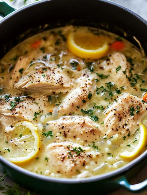 A bowl of soup with chicken and lemon slices.