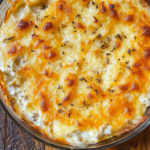 A delicious cheese and herb casserole in a glass dish.