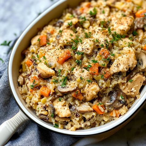 A bowl of rice with chicken and mushrooms.