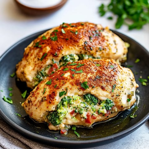 A plate of chicken with broccoli on top.