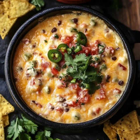 A bowl of food with chips and salsa on a table.