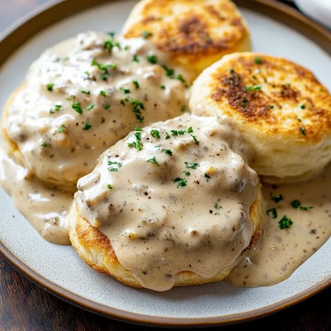A plate of food with gravy.