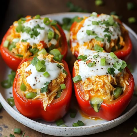 A plate of four red peppers with white sauce.