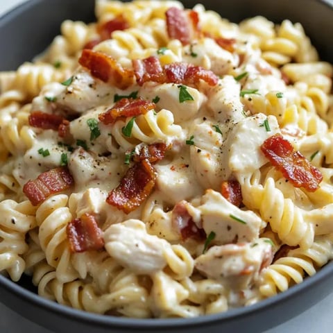 A bowl of pasta with bacon and chicken.