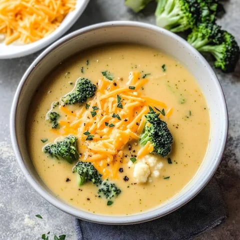 A bowl of soup with broccoli and cheese.