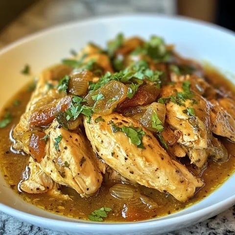 A bowl of chicken with onions and peppers.