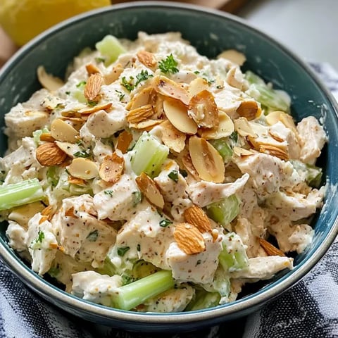 A bowl of chicken salad with almonds.
