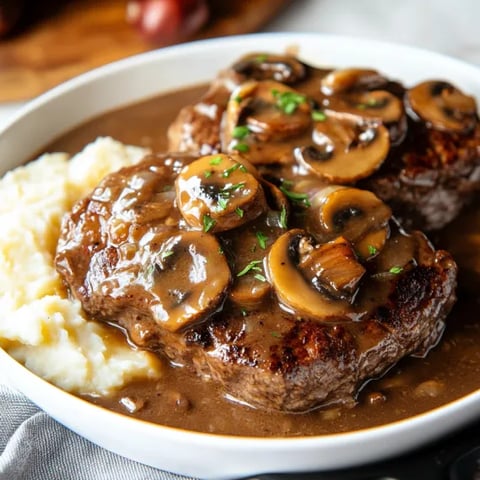 A plate of meat with mushrooms on top.