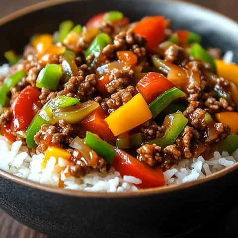A bowl of food with peppers and rice.
