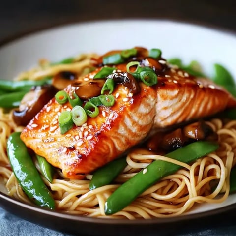 A plate of food with a piece of fish and noodles.