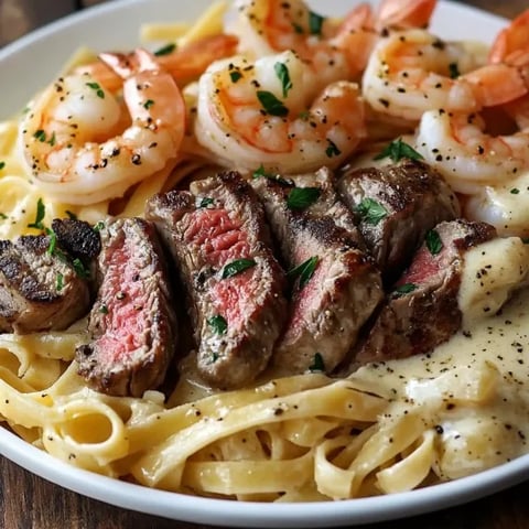 A plate of food with shrimp, pasta, and meat.