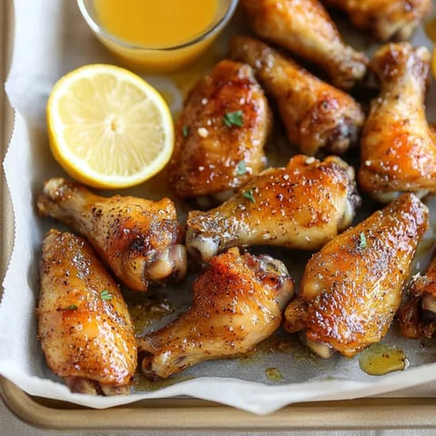 A plate of chicken wings with lemon wedges.