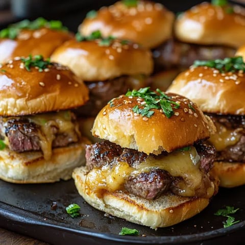 A plate of hamburgers with cheese and green onions.