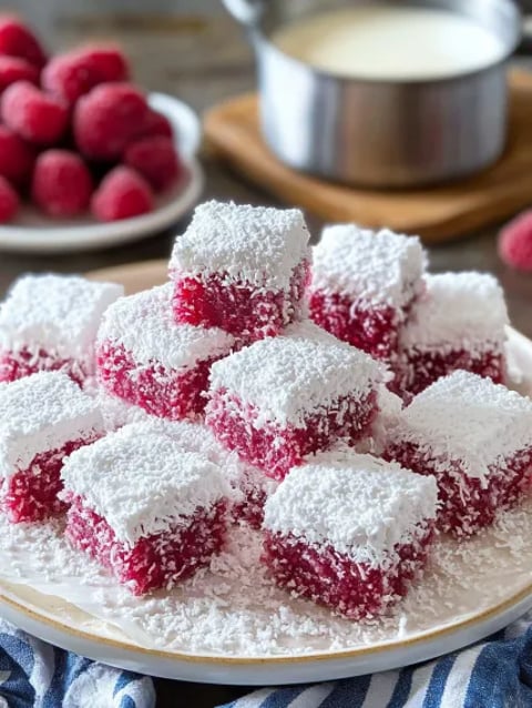 A plate of red and white desserts.