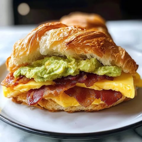 A sandwich with bacon and avocado on a plate.