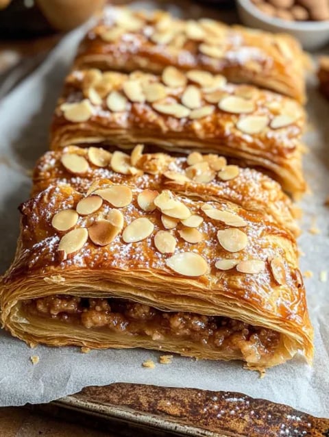 A tray of pastries with almonds on top.