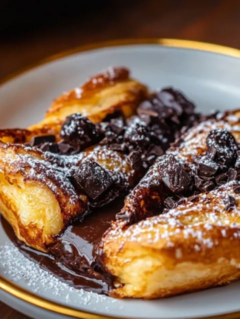 A plate of food with chocolate drizzled on top.