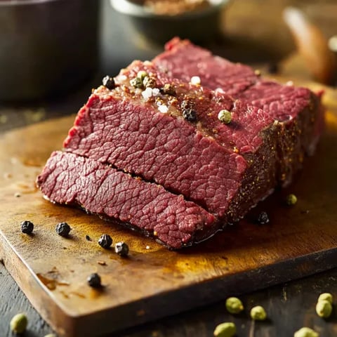 A piece of meat on a cutting board.
