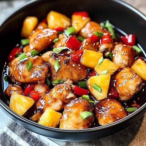 A bowl of food with chicken and pineapple.