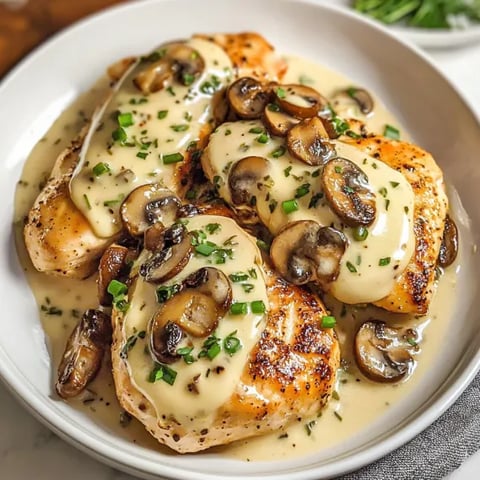 A plate of chicken with mushrooms and herbs.
