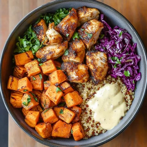 A bowl of food with chicken, rice, and vegetables.