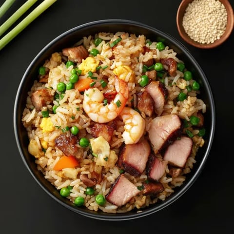A bowl of rice with shrimp, peas, and carrots.