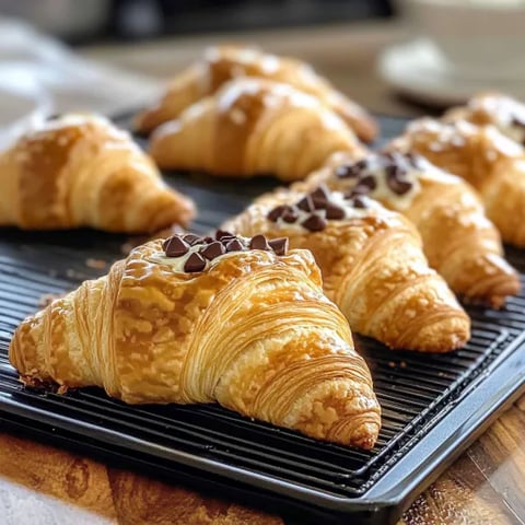 A tray of croissants with chocolate chips.