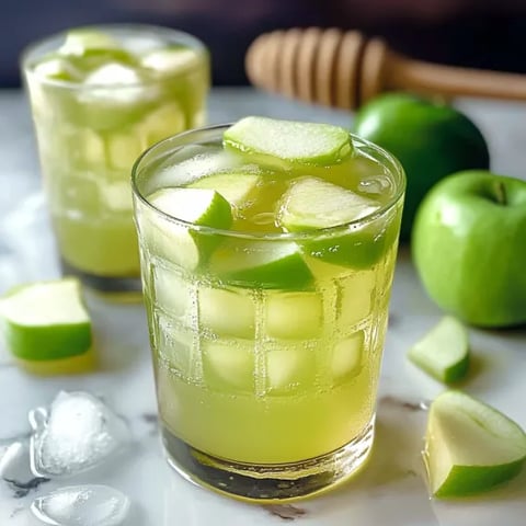 Two glasses of green drink with slices of green apples.