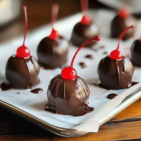 Chocolate balls with cherries on top.