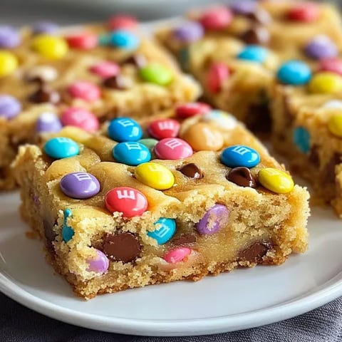 A square of cake with chocolate and yellow m&m's on it.