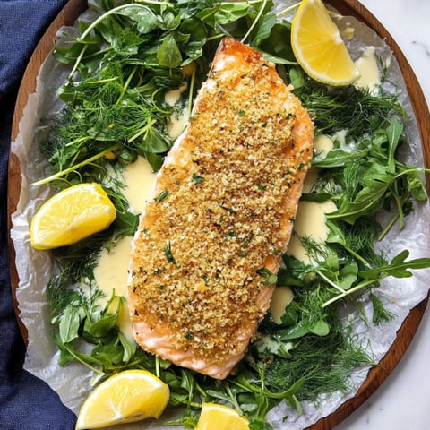 A piece of fish with lemon and herbs on a plate.