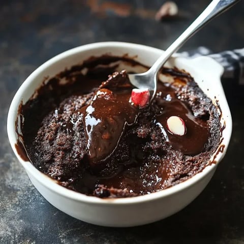 A spoon in a bowl of chocolate cake.