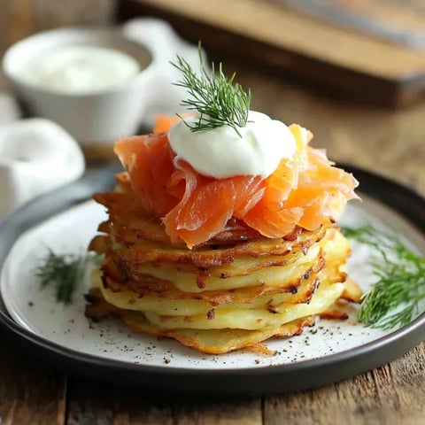 A stack of pancakes with salmon and cream.