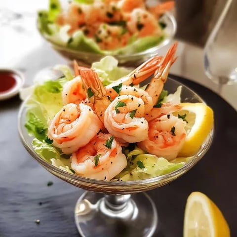 A glass of shrimp salad with lemon.
