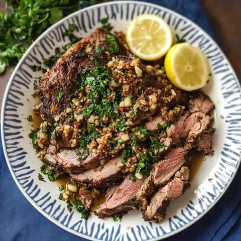 A plate of meat with lemon wedges on top.