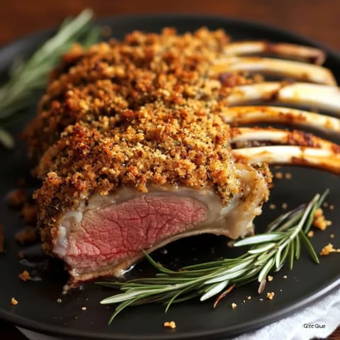 A plate of meat with herbs on top.