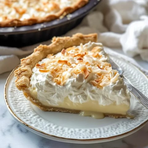 A slice of coconut cream pie on a plate.