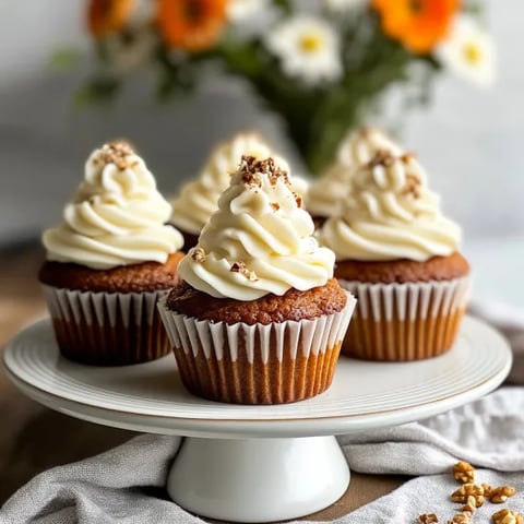 Three cupcakes with white frosting and nuts on top.