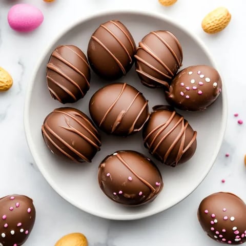 A plate of chocolate candies with pink dots.