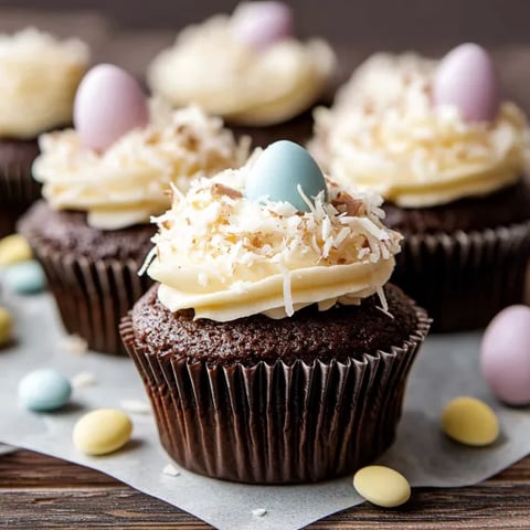 A cupcake with a blue egg on top.
