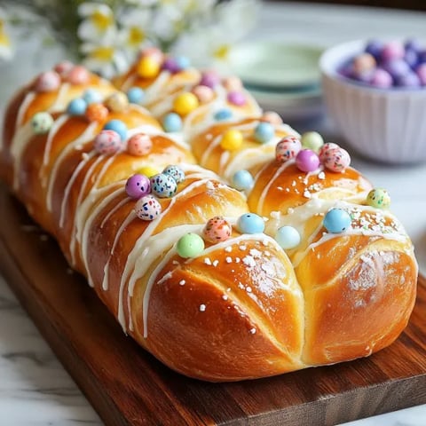 A loaf of bread with a white frosting and colorful sprinkles.