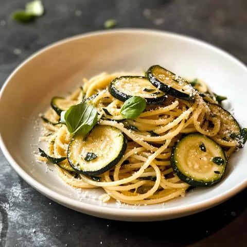 A plate of pasta with zucchini and basil.