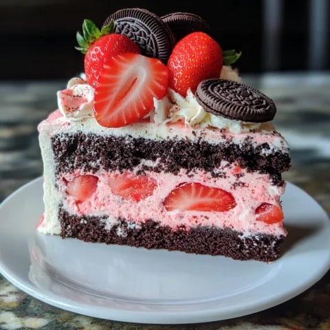 A slice of cake with strawberries and chocolate chips.