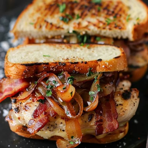 A sandwich with bacon, onions, and lettuce.