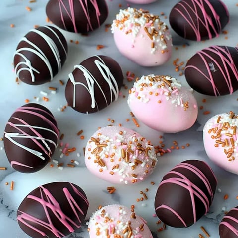 Pink and white chocolate covered marshmallows.