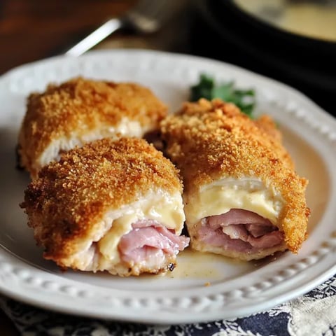 A plate of chicken with cheese and ham.