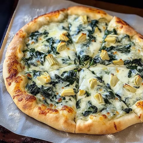 A pizza with spinach and cheese on a white plate.