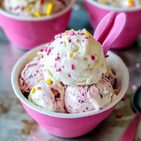 A pink bowl of ice cream with sprinkles.