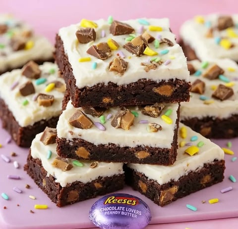 A chocolate brownie with peanut butter and chocolate chips.