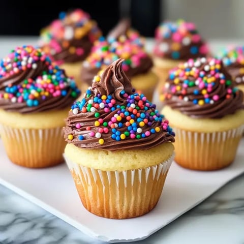 A plate of cupcakes with chocolate frosting and sprinkles.